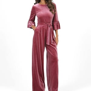Velvet elegant jumpsuit ruffled sleeve, wide leg guest overalls, bridesmaid long jumpsuit