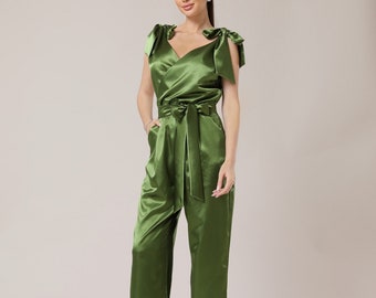 Jumpsuit olive green satin jumpsuit formal jumpsuit for woman elegant jumpsuit bridesmaid jumpsuit sleeveless wide leg date night