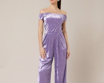 Velvet off the shoulder wide leg jumpsuit bridesmaid jumpsuit party wear jumpsuit for woman lilac jumpsuit