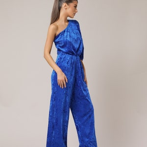 Cocktail jumpsuit, royal blue jumpsuit, velour jumpsuit wedding guest, wide leg overalls women, one shoulder romper