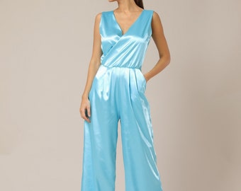 Jumpsuit, light blue satin jumpsuit, bridesmaid jumpsuit, sleeveless backless jumpsuit, elegant jumpsuit, formal jumpsuit