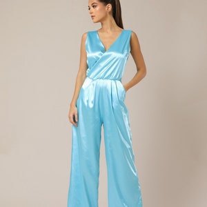Satin jumpsuit women, wide leg formal satin jumpsuit elegant blue overalls