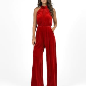 Halter wide-leg velvet jumpsuit, elegant wedding guest overalls, backless cocktail romper red