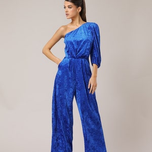 Royal blue jumpsuit, velour jumpsuit, reception jumpsuit wedding guest, bridesmaids jumpsuit wide leg overalls women one shoulder