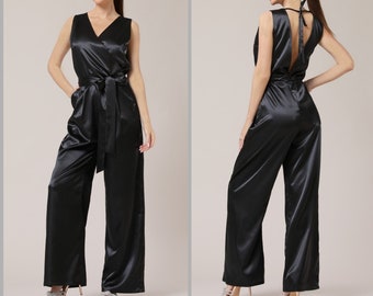 Black satin jumpsuit, bridesmaid satin jumpsuit, sleeveless low back jumpsuit, elegant jumpsuit women