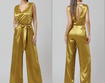 Satin-Jumpsuit, goldener Overall, Brautjungfer-Satin-Jumpsuit, ärmelloser, rückenfreier Overall, Overall mit weitem Bein, formeller Overall