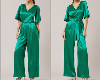 Jumpsuit, green satin jumpsuit, party jumpsuit, wedding guest jumpsuit, bridesmaid jumpsuit, backless wide leg