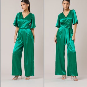 Jumpsuit, green satin jumpsuit, party jumpsuit, wedding guest jumpsuit, bridesmaid jumpsuit, backless wide leg image 1