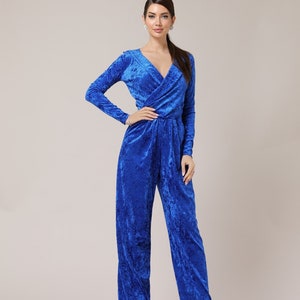 Wedding guest jumpsuit, royal blue jumpsuit, velour jumpsuit, bridesmaid jumpsuit, wide leg overalls women