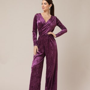 Velvet wrap over wide leg jumpsuit bridesmaid jumpsuit long sleeve jumpsuit formal jumpsuit for wedding