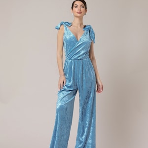 Backless velvet jumpsuit women wide leg velvet jumpsuit sleeveless party jumpsuit blue