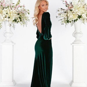 Velvet wedding dress, gala dress, velvet bridesmaid dark green dress low back long sleeve dress