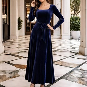 Blue Velvet Dress, Elegant A-Line dress, Formal Bridesmaid Dress Half sleeve, women midi dress, square neck dress with pockets