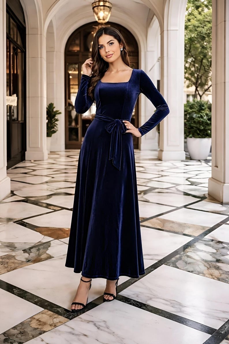 Blue Velvet Dress, Elegant A-Line dress, Formal Bridesmaid Dress Half sleeve, women midi dress, square neck dress with pockets