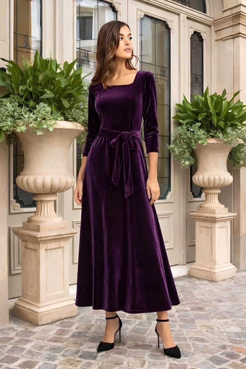 Formal velvet dress, purple square neck party dress, velvet bridesmaid dress, women a line dress, half sleeve dress, midi length dress.