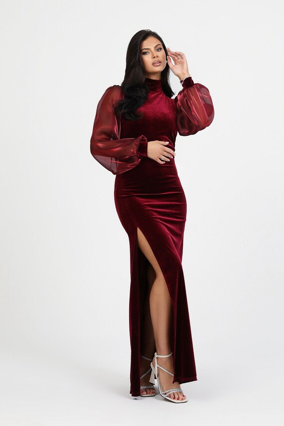 Burgundy Velvet Dress, Formal Velvet Dress, Long Organza Sleeves Dress,  Wedding Guest Dress, Women Maxi Dress - Etsy