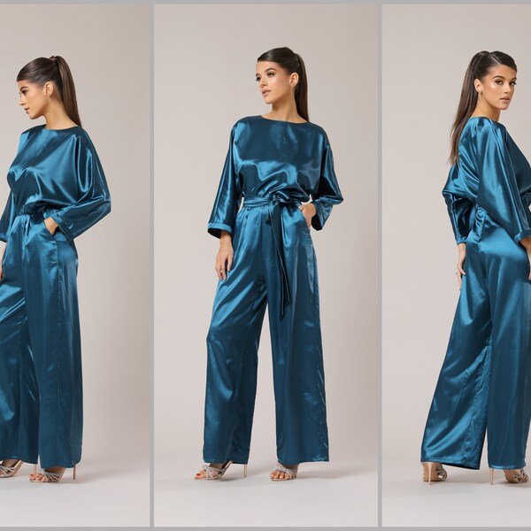 Women Teal Contrast Frill Jumpsuit