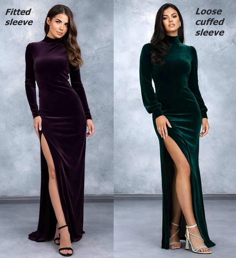 Brautjungfer Samt Maxi Kleid, Elegantes Kleid Stehkragen, Langarm Pflaume Kleid, Formelle Frauen Kleid Bild 10