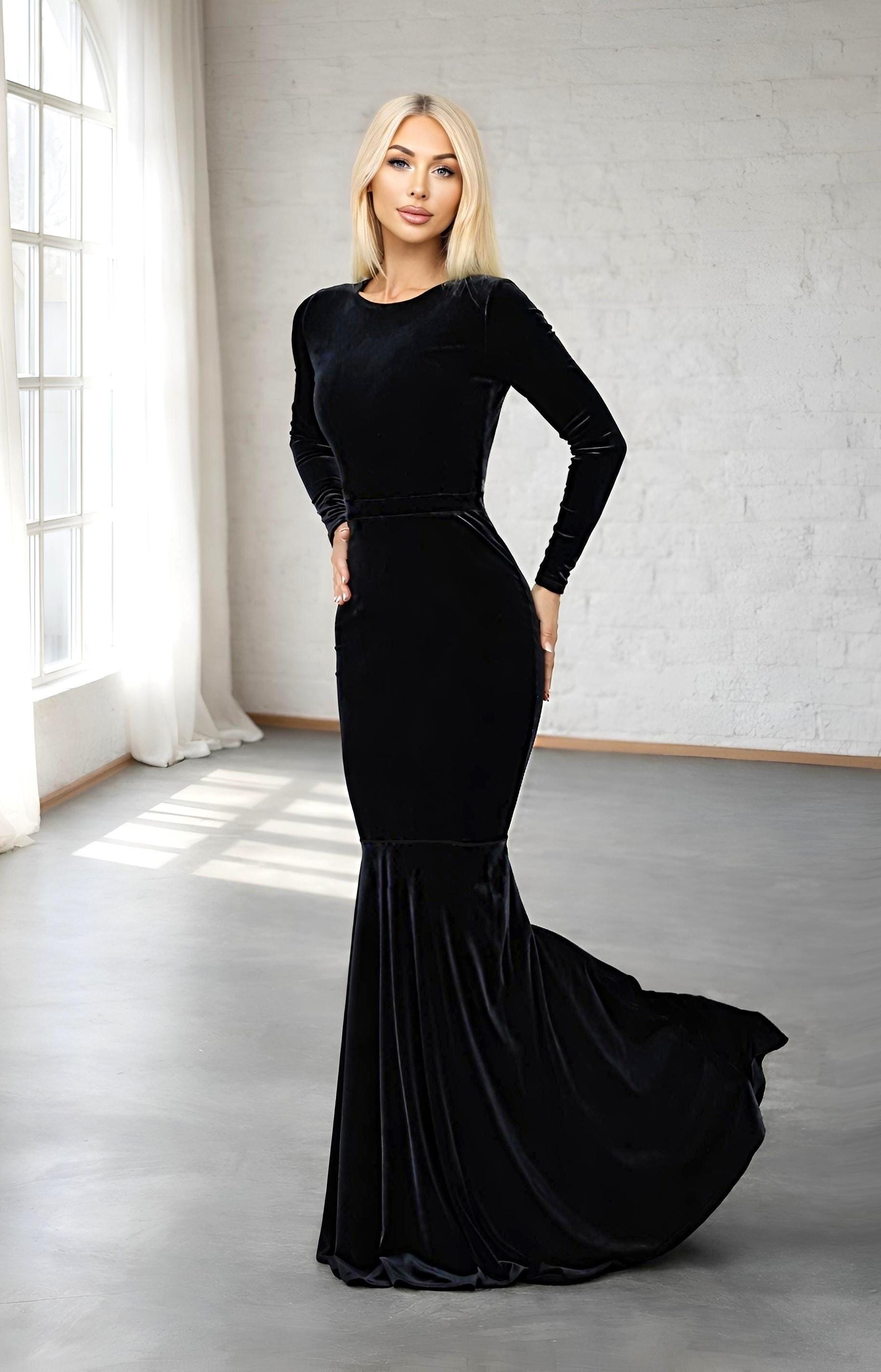 chinese dress ladies Black Velvet Sexy Strapless High Slit Long Elegant Mermaid Modest Prom –  bridalsew main image 0