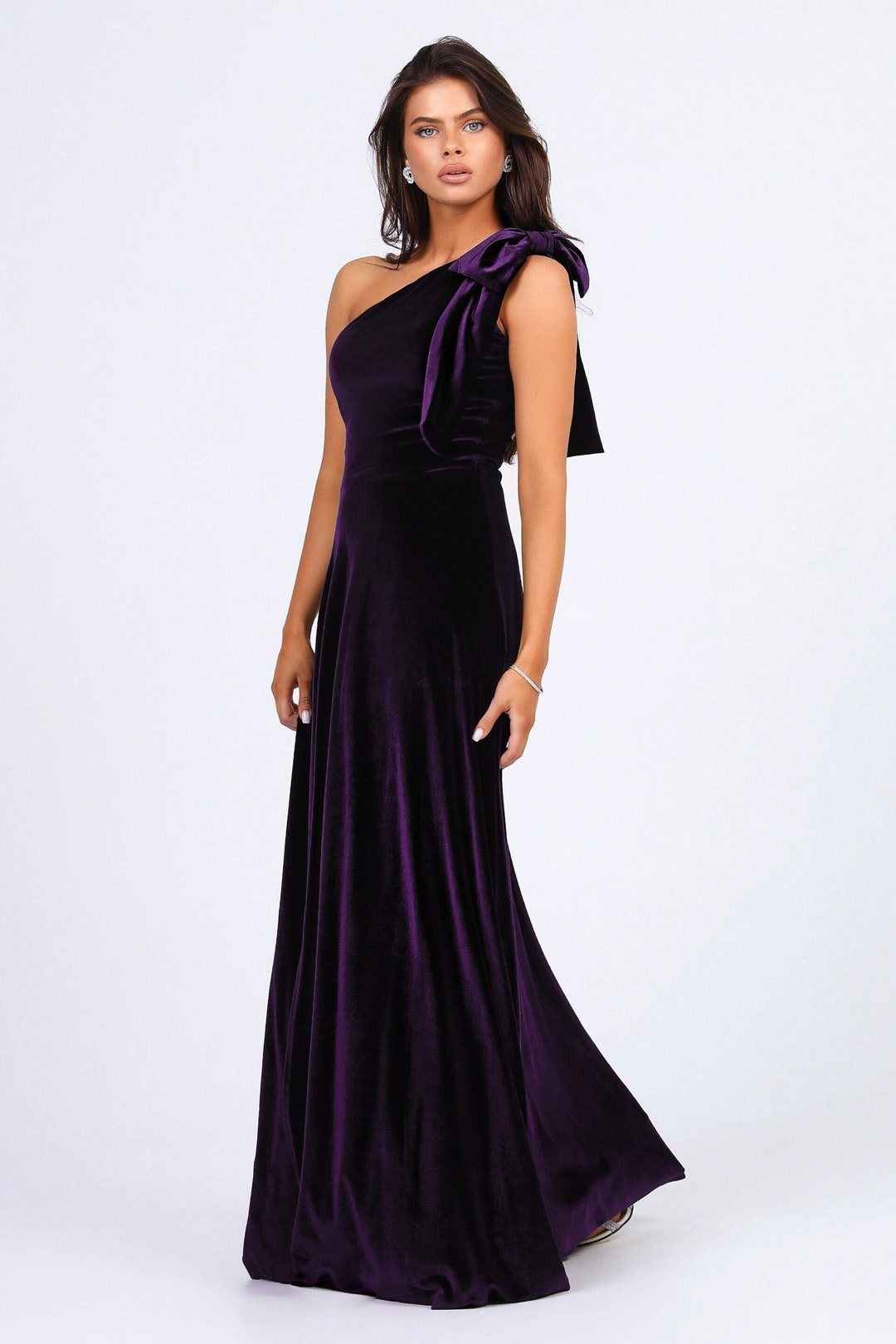one shoulder velvet maxi dress One Shoulder Velvet Split Thigh Prom Dress XH2356