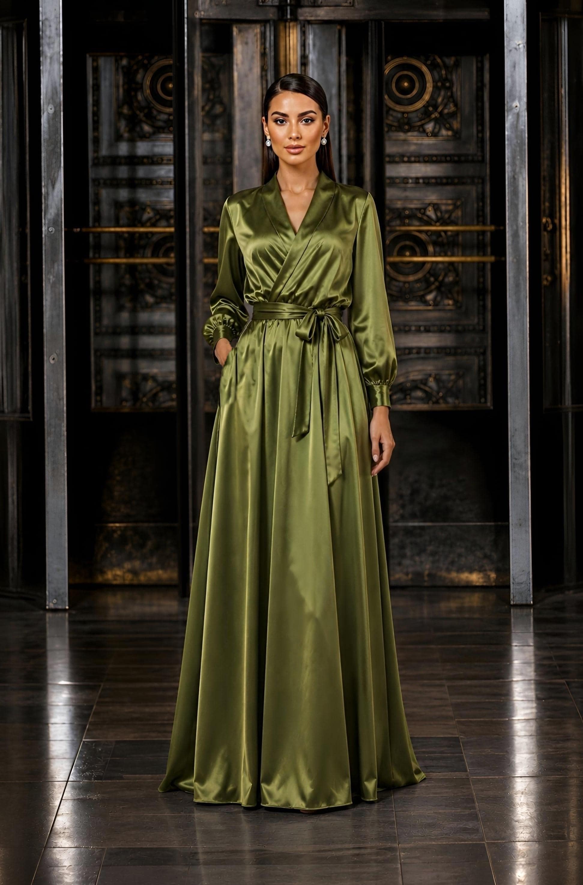 olive satin dress long sleeve Women's Sloane Long Sleeve Satin Maxi Dress - Olive Green In Size Large