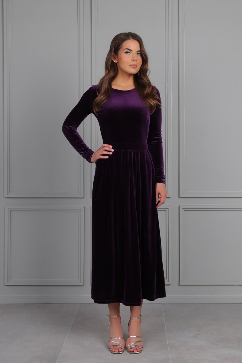 V-Back Long Velvet Dresses with Flutter Sleeves Grape