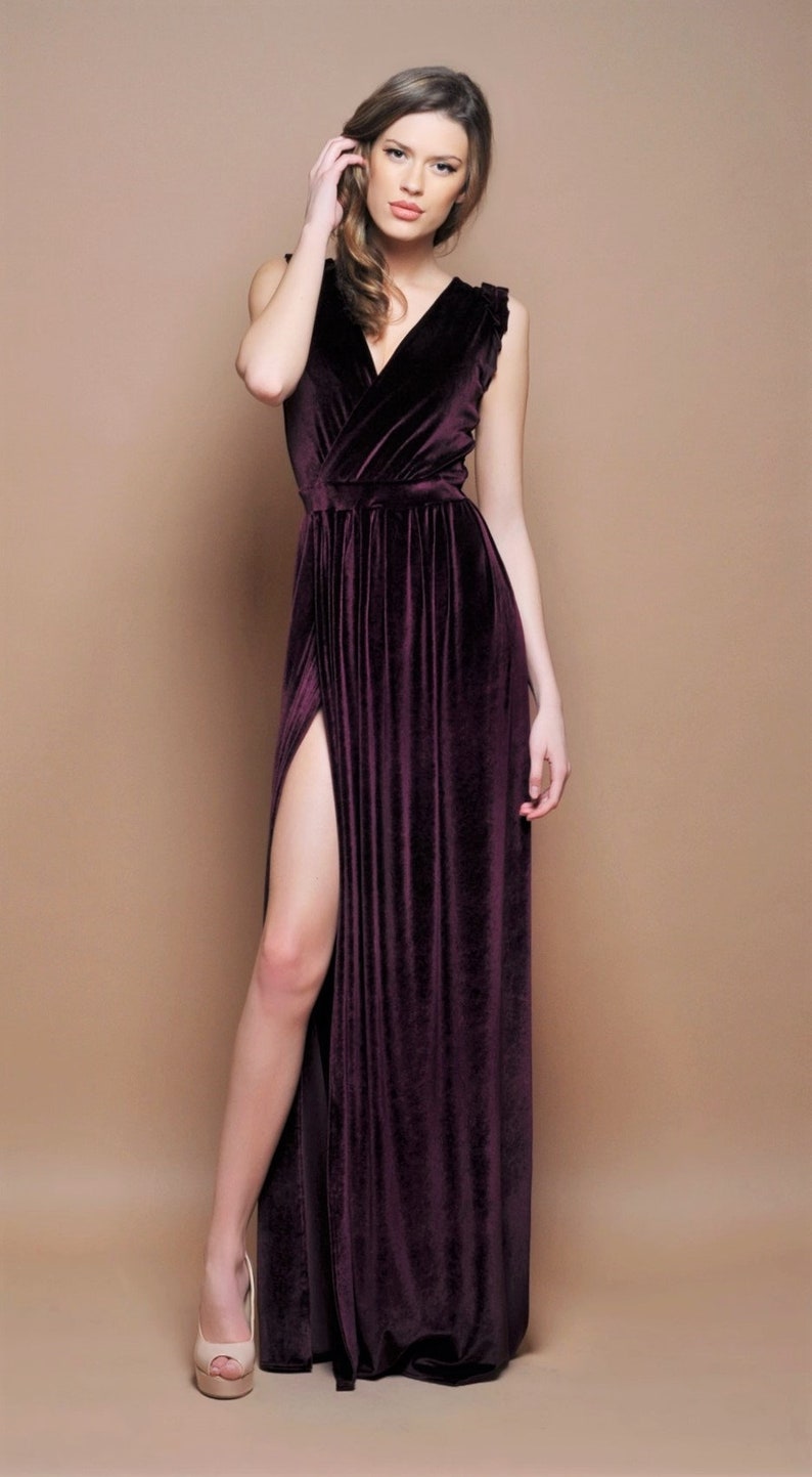 Dark Purple Velvet Maxi Dress/ Wrap Neckline High Wrap Slit | Etsy