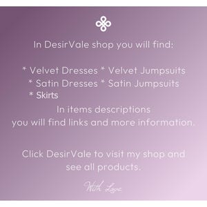 K&ouml;nnte beinhalten: Ein violetter Farbverlauf-Hintergrund mit wei&szlig;em Text. Der Text listet Artikel auf, die im DesirVale-Shop erh&auml;ltlich sind: Samtkleider, Samt-Jumpsuits, Satinkleider, Satin-Jumpsuits und R&ouml;cke. Der Text erw&auml;hnt auch Links und weitere Informationen.