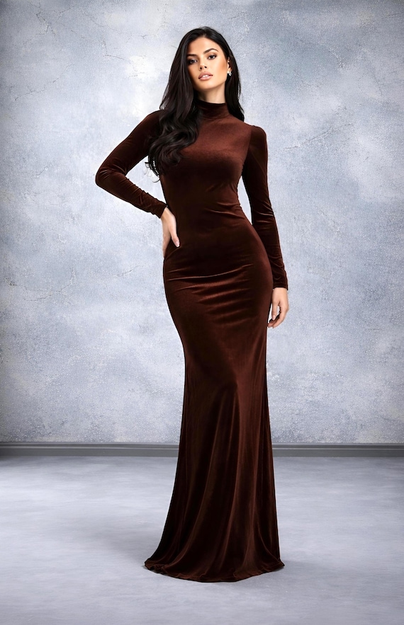 Velvet Brown Dress, Maxi Dress High Neck, Long Sleeve Formal Dress, Velvet  Bridesmaid Dress, Wedding Guest Dress - Etsy Israel