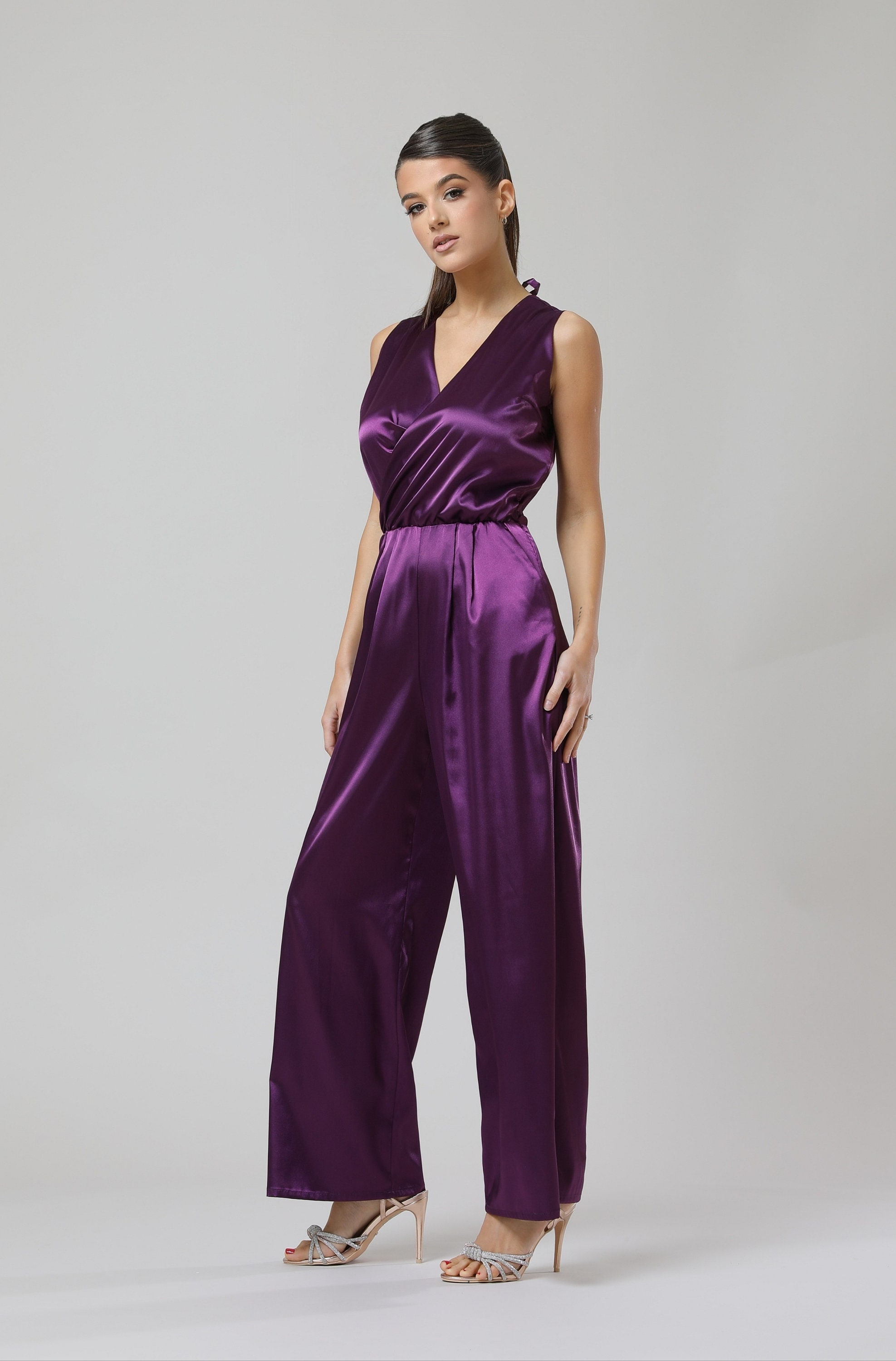 Purple satin jumpsuit hotsell