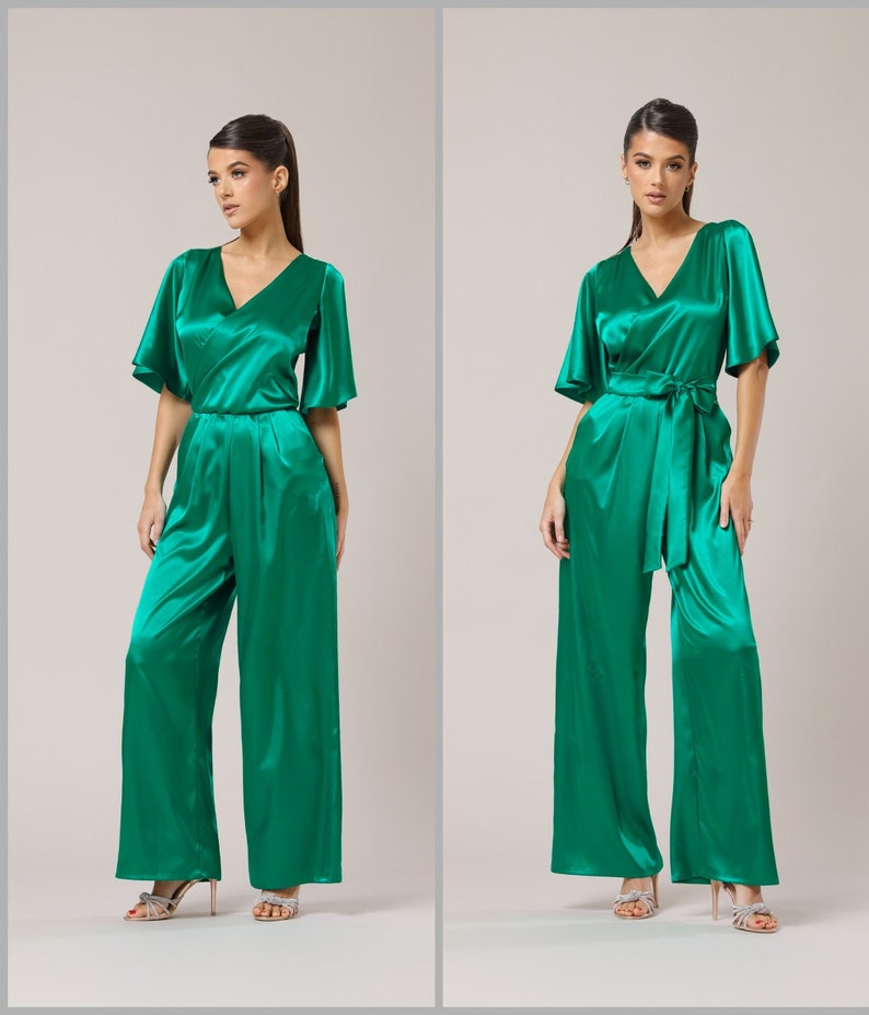 Jumpsuit, green satin jumpsuit, party jumpsuit, wedding guest jumpsuit, bridesmaid jumpsuit, backless wide leg image 1