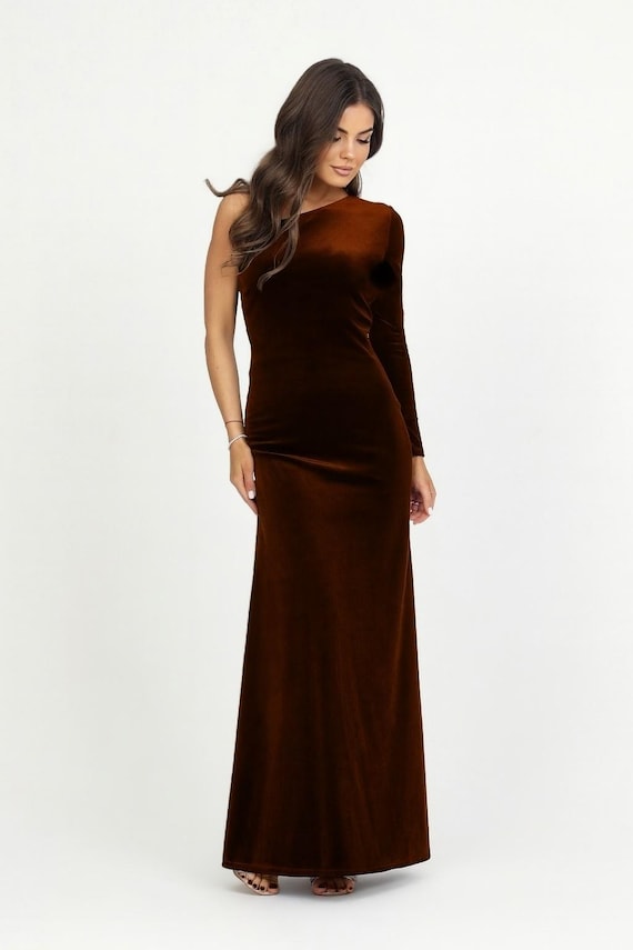 brown one shoulder long sleeve dress Velvet With Sleeve, Formal Maxi Dress, Bridesmaid Gown Dress Brown, Elegant Women Dress Mac duggal