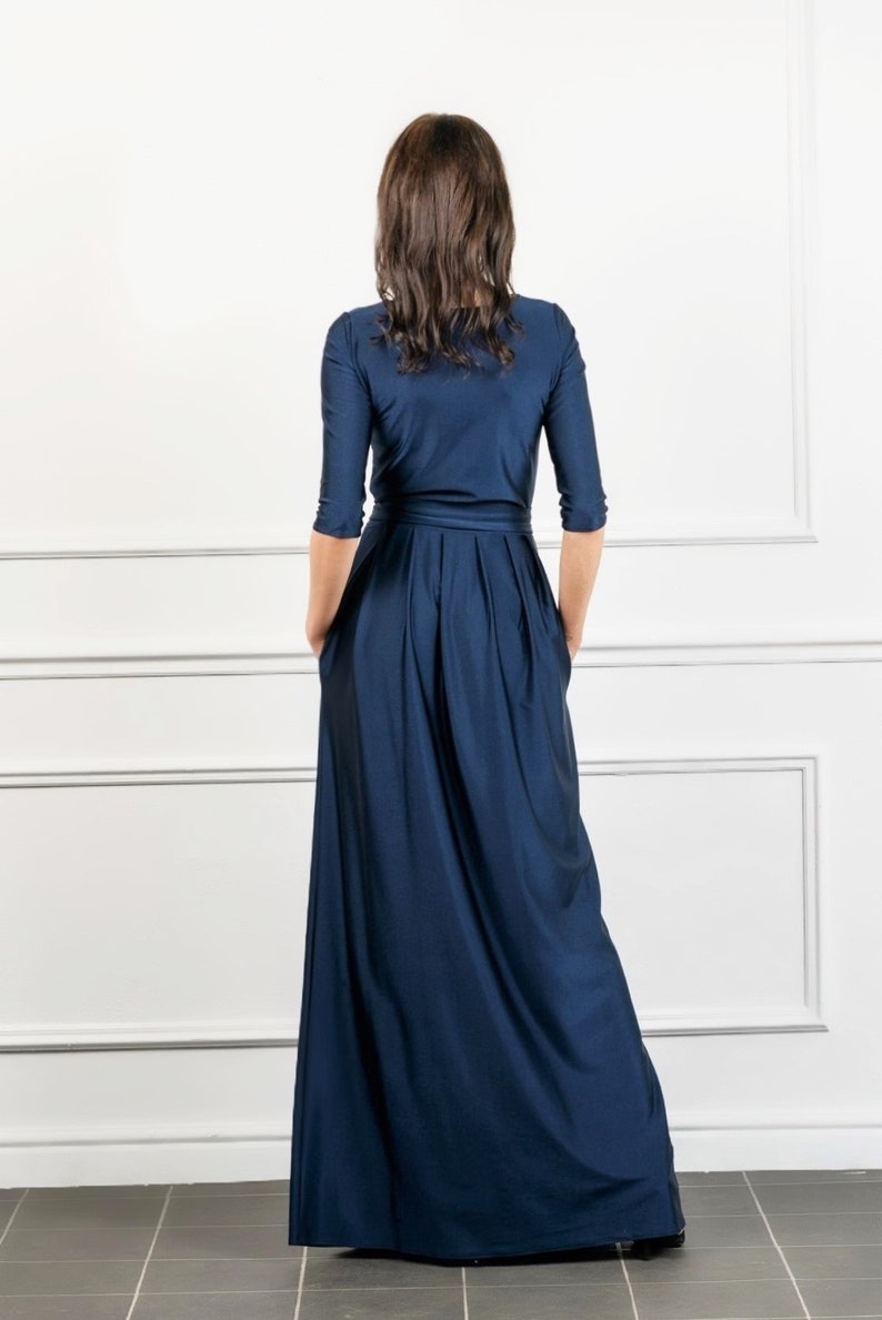 Navy Blue Maxi Dress/ Half Sleeves Dress With Pockets Sash | Etsy