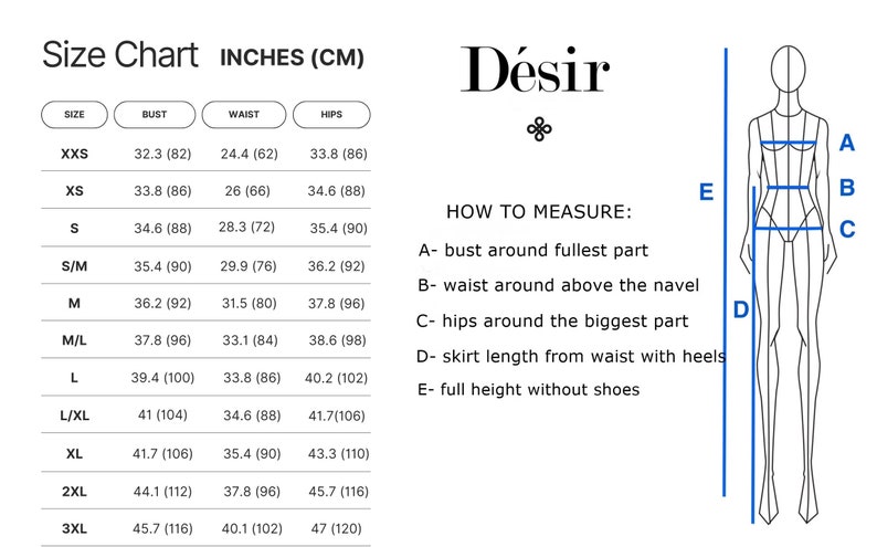 May include: Size chart for clothing in inches and centimeters. The chart shows bust, waist, and hip measurements for sizes XXS to 3XL. A diagram shows how to measure bust, waist, hips, skirt length, and full height.