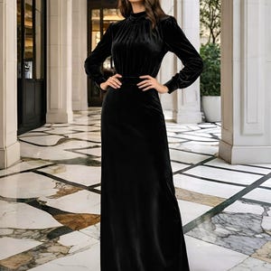 Velvet Black Dress with Long Sleeves high neck, Women Maxi Dress