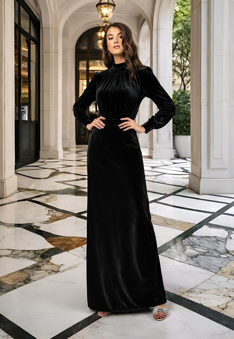 Velvet Black Dress with Long Sleeves high neck, Women Maxi Dress