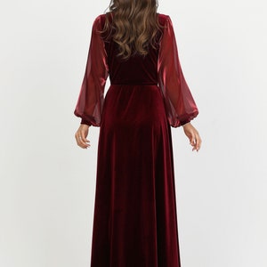 velvet wedding dress, long organza sleeve maxi dress in burgundy, v neck a line dress, women elegant dress, sheer sleeve dress.