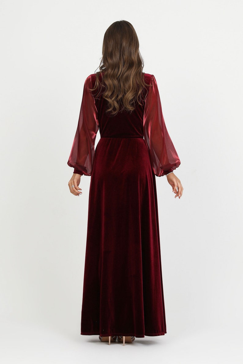 velvet wedding dress, long organza sleeve maxi dress in burgundy, v neck a line dress, women elegant dress, sheer sleeve dress.
