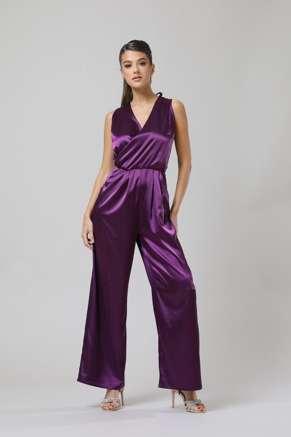 Satin Wide Leg Jumpsuit, Open Back Bridesmaid Overalls, Sleeveless Formal Jumpsuit, Elegant Wedding Guest Outfit, Deep V Back Romper