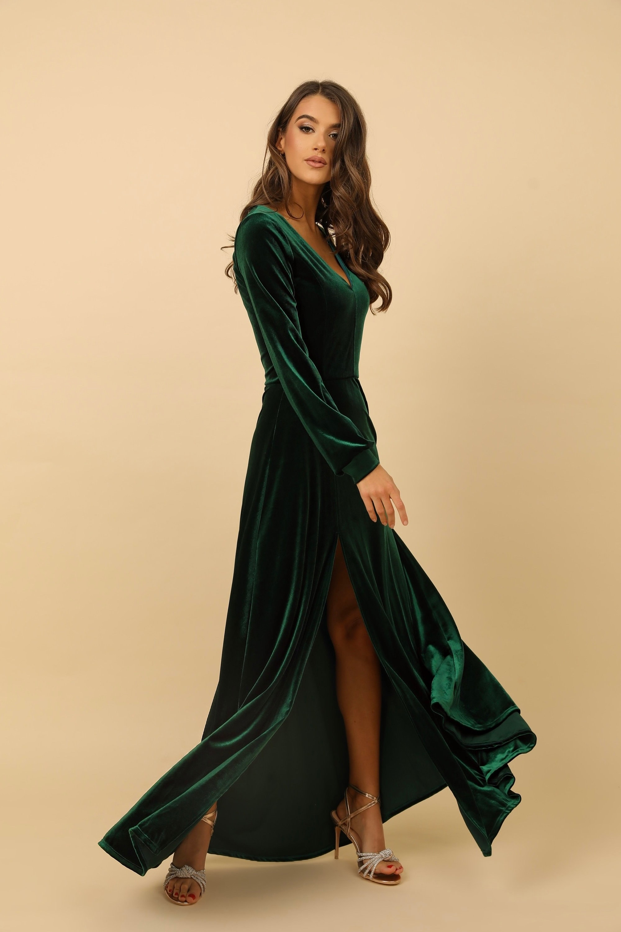 Bridesmaid Velvet Dress, Long Sleeve Slit Gown, Emerald Green Maxi Dress