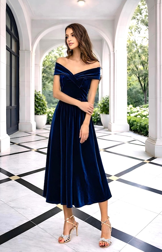 Navy Blue Velvet Midi Dress, off Shoulder Bridesmaid Dress, Elegant Cocktail Party Dress, A-line Formal Gown