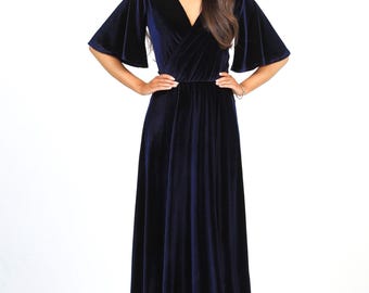 Elegant Navy Velvet Maxi Dress, Short Sleeve A-Line Evening Dress, Wedding Guest Formal Party Dress, Velvet Bridesmaid Dress