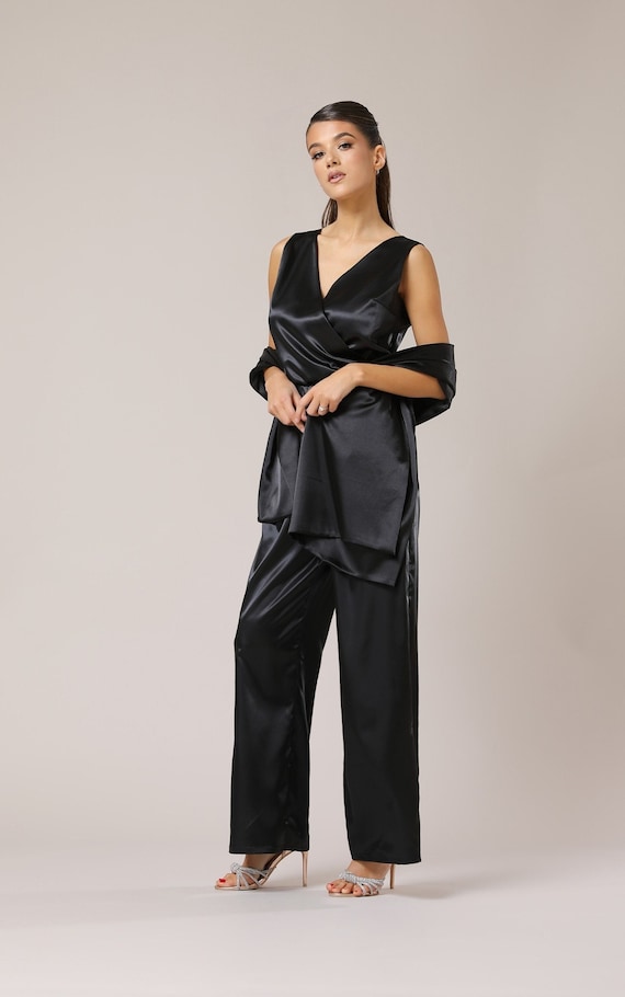 Black Jumpsuit Satin Jumpsuit Wide Leg Sleeveless Cocktail Jumpsuit  Bridesmaid Jumpsuit Low Back Elegant Jumpsuit Formal Jumpsuit 