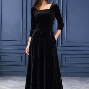 Black Velvet Dress, Elegant A-Line dress, Formal Bridesmaid Dress Half sleeve, women midi dress, square neck dress with pockets