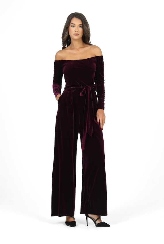 Purple Velvet Jumpsuit, Off Shoulder Elegant Overalls, Wide Leg Formal Pantsuit