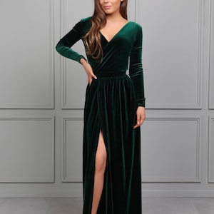 Velvet formal evening maxi dress, velvet bridesmaid dress, backless long sleeve dark green dress, wedding guest dress