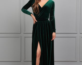 Dark Green Velvet Maxi Dress, Backless Long Sleeve Formal Gown