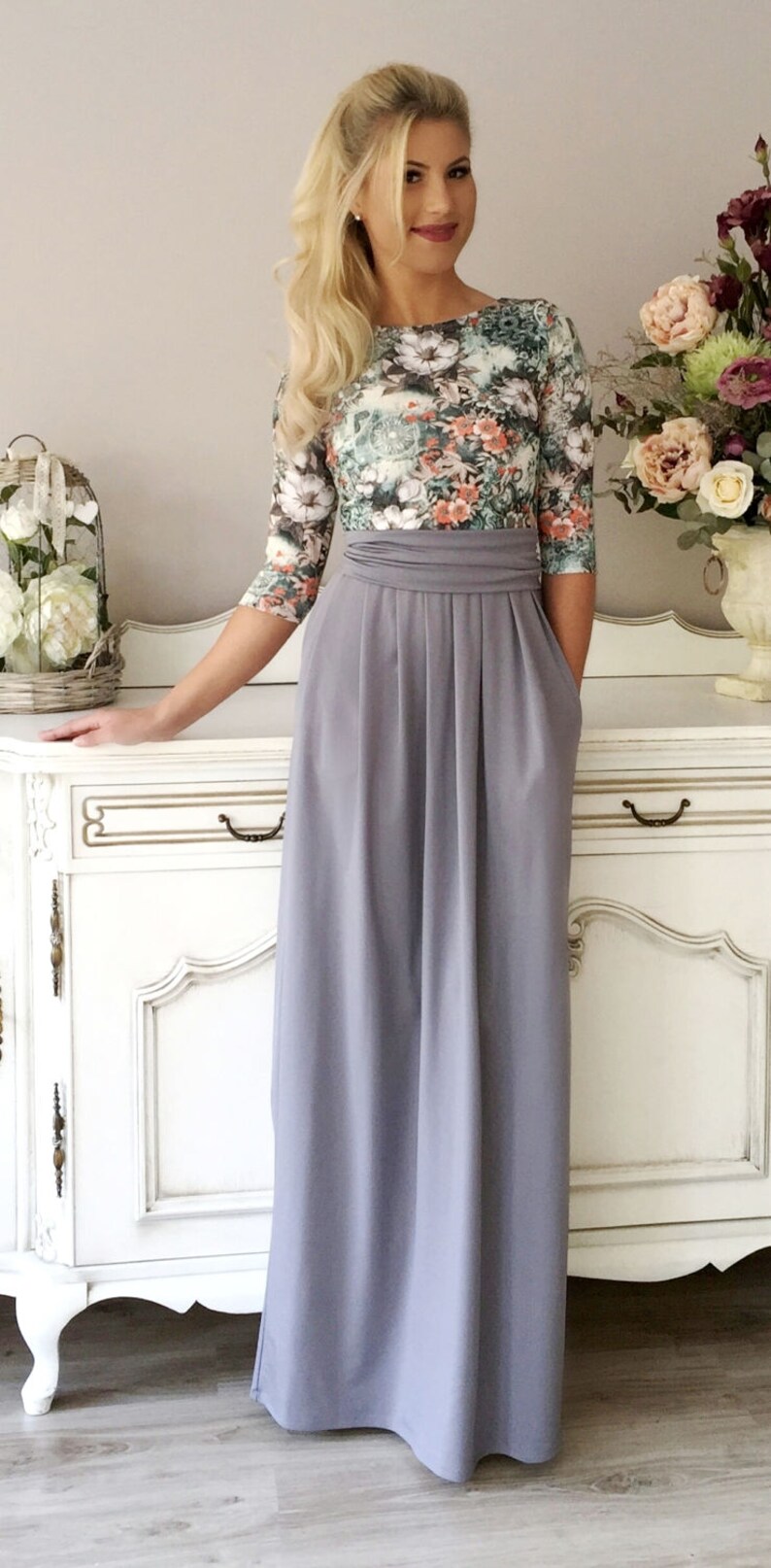 grey floral maxi dress