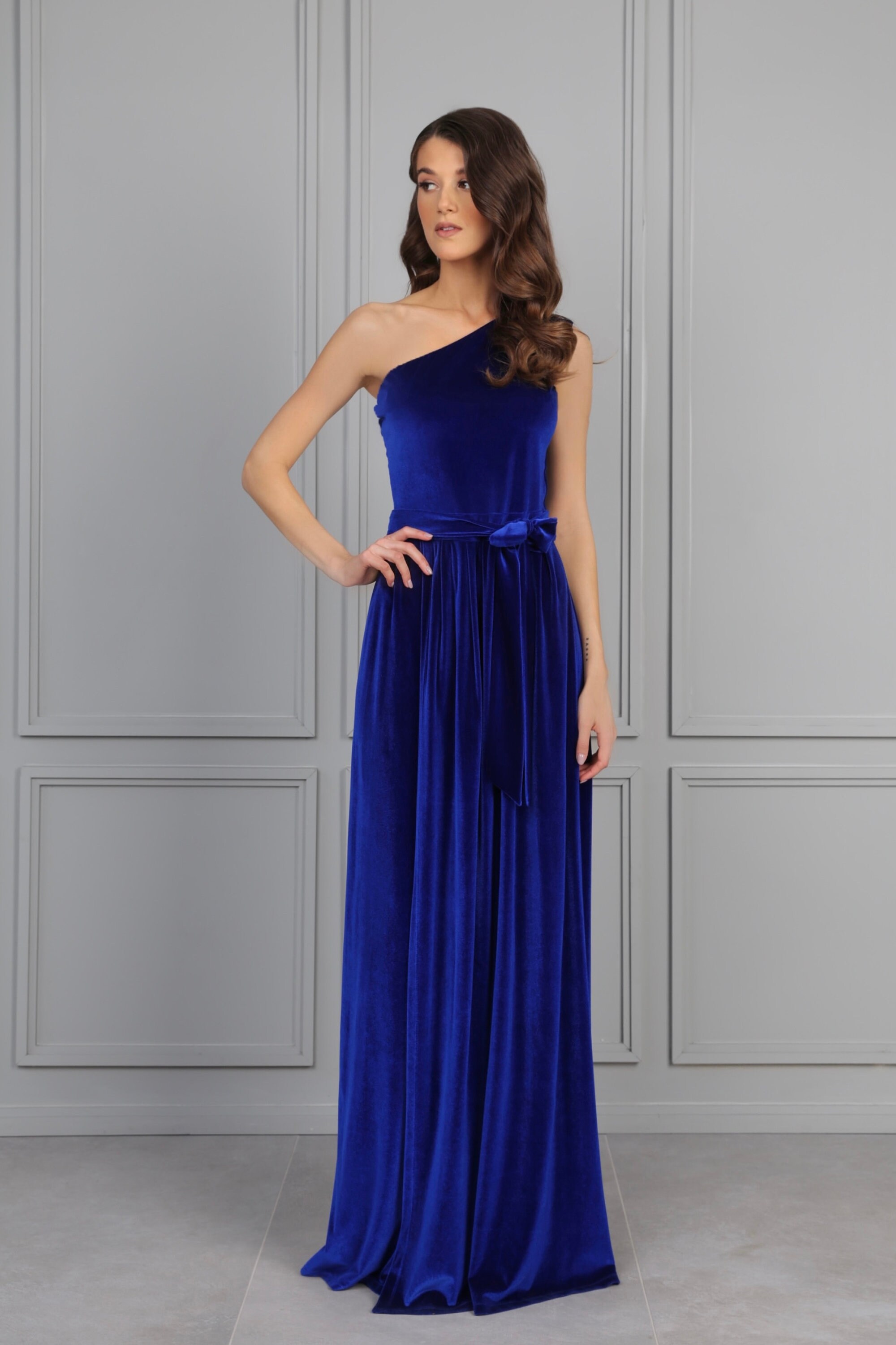 One Shoulder Long Velvet Dress Sleeveless High Wrap Leg Slit ...