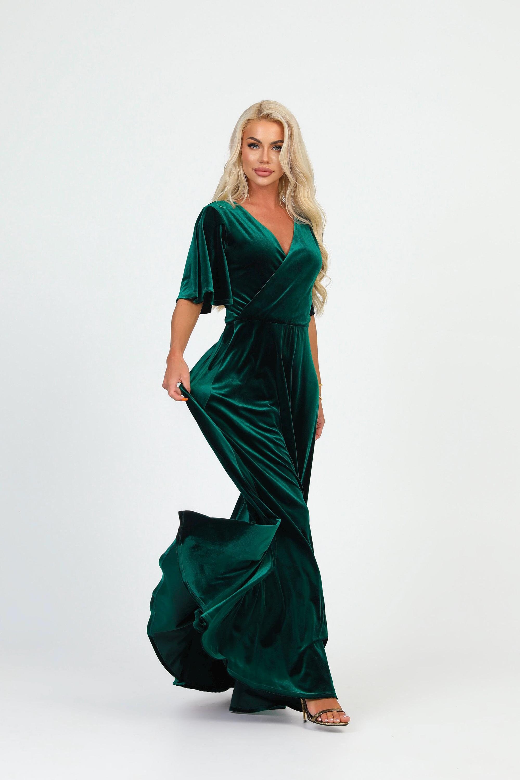 Dark green v- neck velvet dress, elegant women dress, short flare sleeve velvet bridesmaid dress, party dress